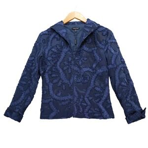 Samuel Dong Ribbon Applique Jacket Women S Navy Blue Textured Zip Up Blazer